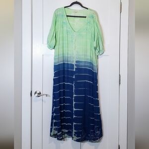 Beach By Exist Maxi Length Swim Cover Up Tie Dye Embroidery Blues Lime White OS